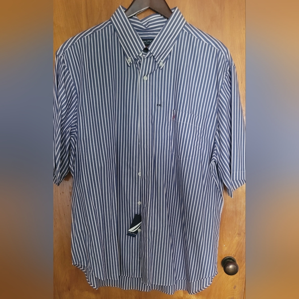 Nautica Classic Fit Short Sleeve Blue & White Shirt XXL NWT $49 Retail